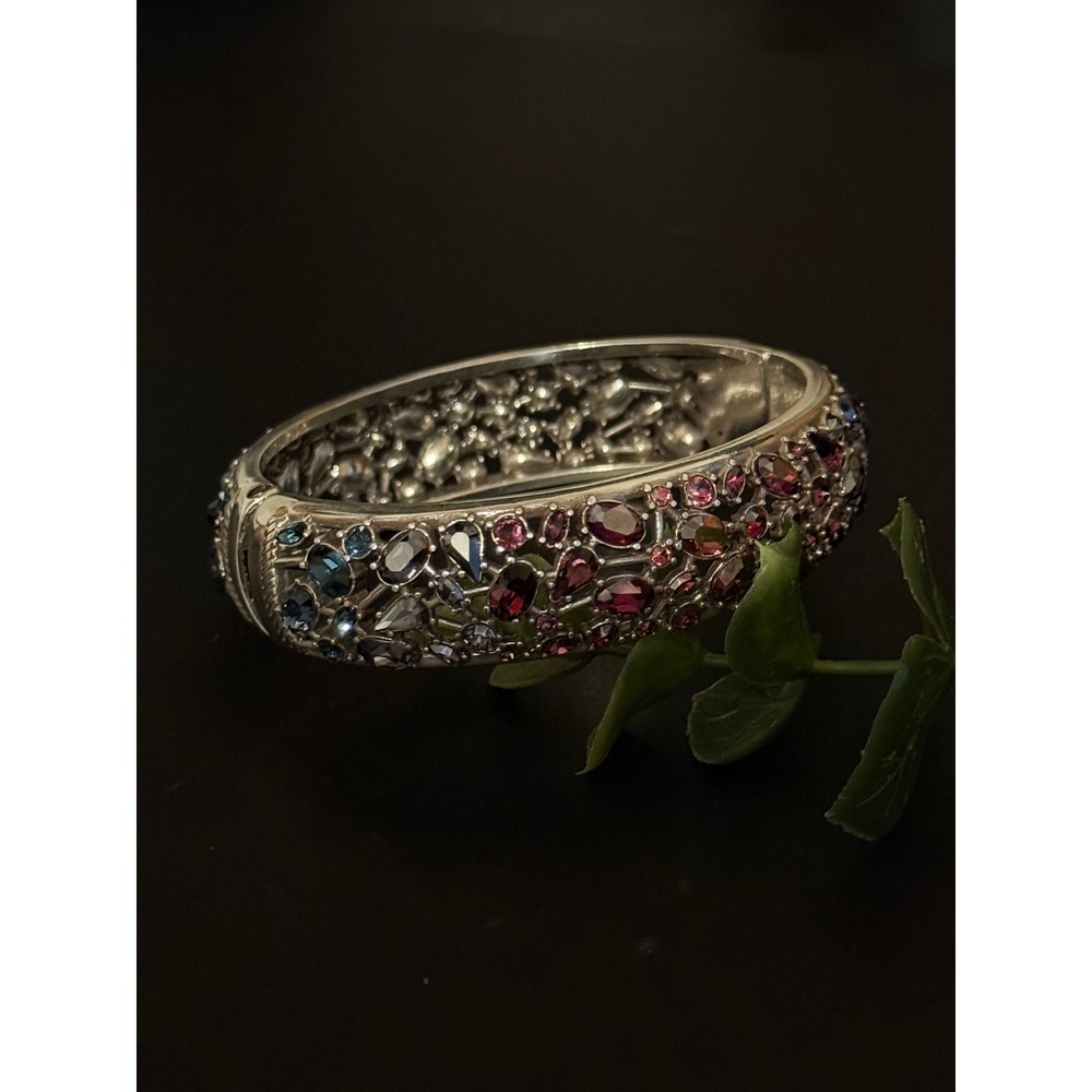 Brighton One Love Bangle Bracelet Silver Plated Multi Color Crystal Hinged Cuff - Picture 5 of 11